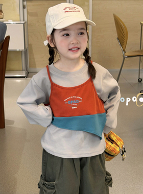 Opao 7057女童2026春款灰色拼色吊带假两件套长袖T恤
