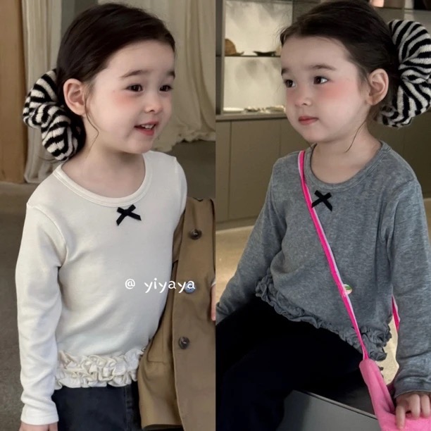 yiyaya女童打底衫2025秋款韩版木耳边长袖T恤圆领休闲上衣1101