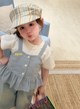 Opao•26夏~女童格子吊带+短袖两件套6692  花边牛仔裤6668