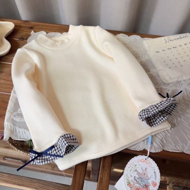7seven 25冬 7359女童袖口花边米色半高领加绒打底衫内搭上衣