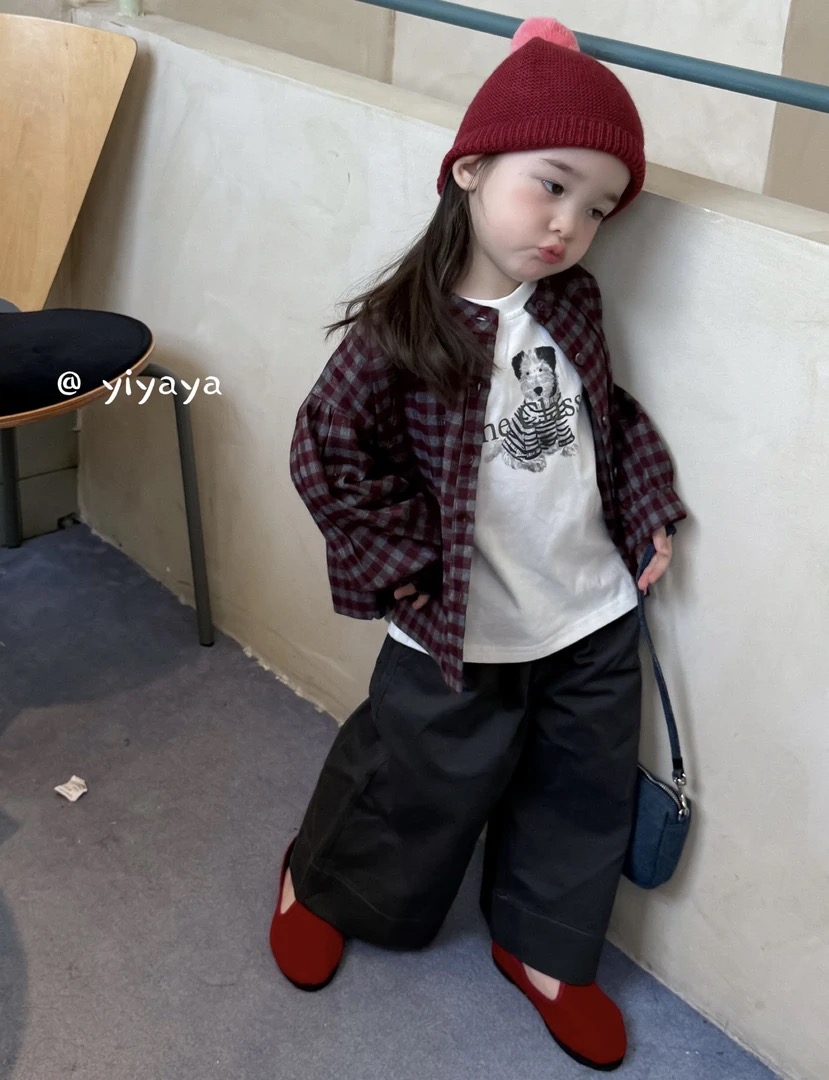 yiyaya女童套装2025秋格子立领衬衫1132+卡通T恤1105+休闲裤3016