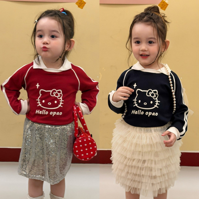 Opao 6036 女童2026春款韩系翻领Kitty卫衣