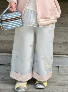 橙小七 26123女童2026春款浅蓝色小兔刺绣牛仔直筒裤