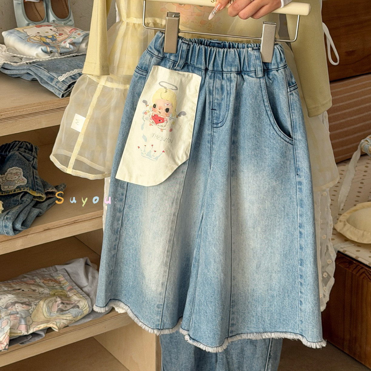 苏右 561005女童2026春款蓝色毛边牛仔裤阔腿裤,童装/婴儿装/亲子装,儿童牛仔裤,淘宝优惠券,粉丝福利购,淘宝优惠卷