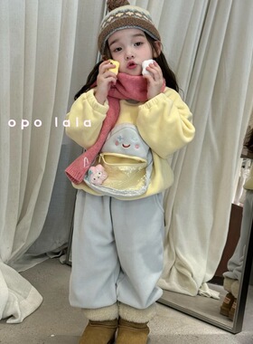 Opolala 25冬女童套装韩版卡通加绒卫衣卫裤两件套7159