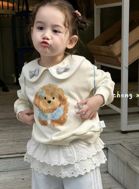 橙小七 26133女童2026春款白色娃娃领小狗印花卫衣