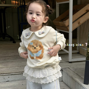 橙小七 26133女童2026春款白色娃娃领小狗印花卫衣