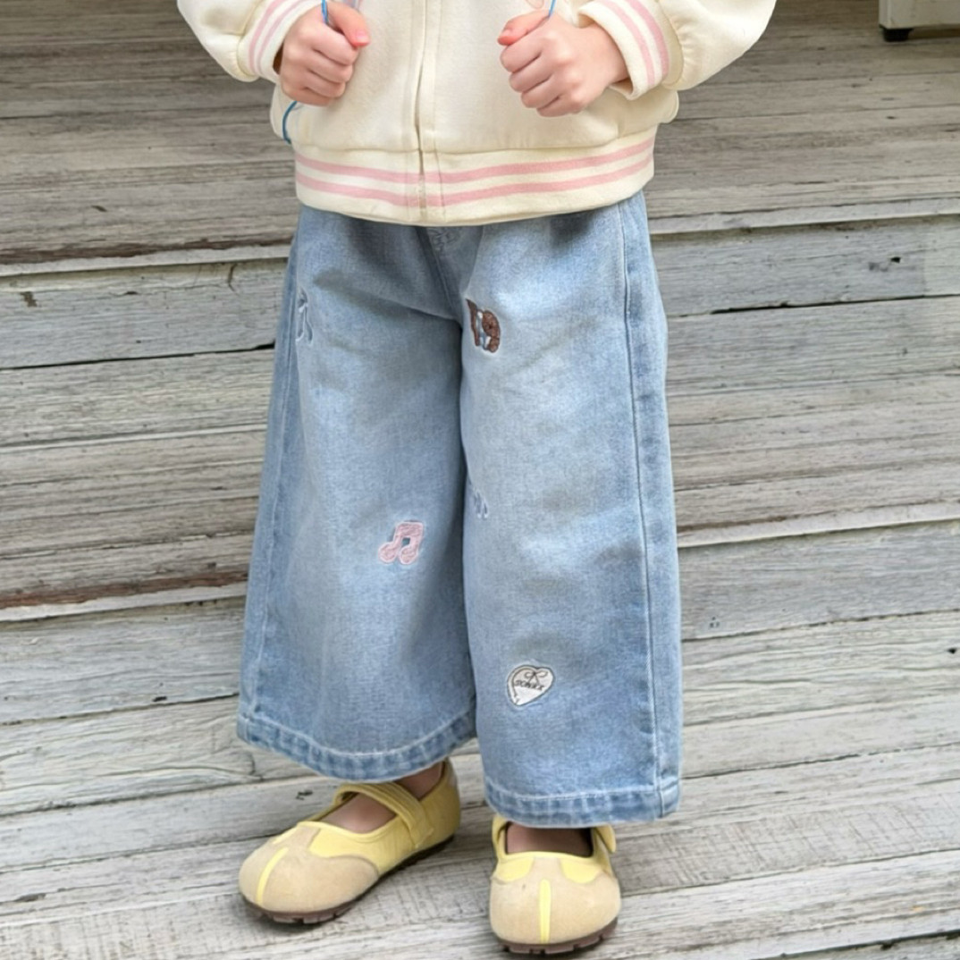 橙小七 26035 女童2026春款蓝色卡通刺绣阔腿牛仔裤,童装/婴儿装/亲子装,儿童牛仔裤,淘宝优惠券,粉丝福利购,淘宝优惠卷