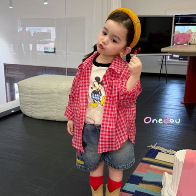 26夏 one豆 女童红色格子衬衣6533 米奇牛仔中裤6517