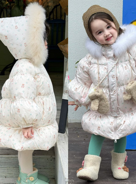 苏右 66013冬款90绒女童碎花精灵帽羽绒服