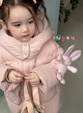苏右 66029冬款女童90绒粉色兔子连帽羽绒服