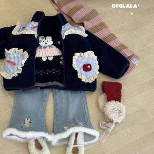 Opolala 26冬~女童藏青兔子套头毛衣82165 加绒毛毛边牛仔裤82075
