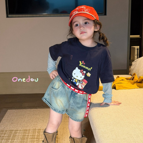 26夏 one豆 女童藏青kt拼接T恤6600 牛仔短裤6321