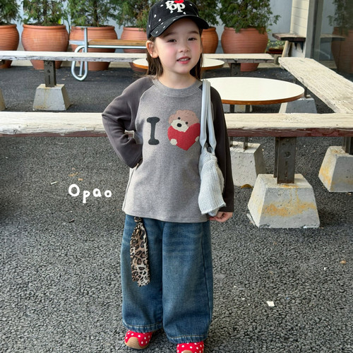 Opao 26冬 女童灰色小熊加绒打底衫T恤5118 飘带加绒牛仔裤5002