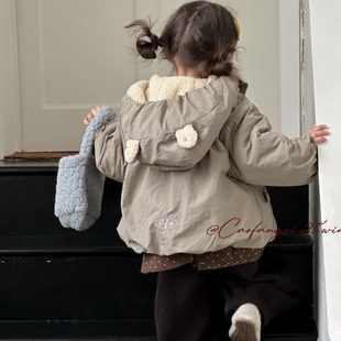 草房子 5378女童可爱连帽熊耳朵加厚派克外套 25冬