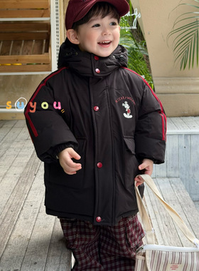苏右 86028冬款90绒男童黑色卡通连帽羽绒服中长款