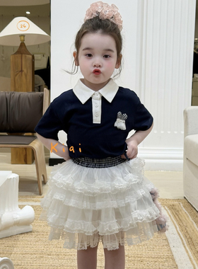 26夏 kiai 女童藏青翻领短袖812125 白色纱裙812120