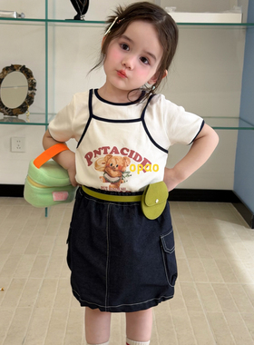 Opao•26夏~女童假两件小熊短袖7617 深蓝牛仔半裙7021