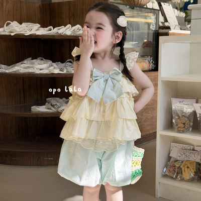 26夏 Opo 女童黄色蝴蝶结娃娃衫78100 蓝色花苞裤78101
