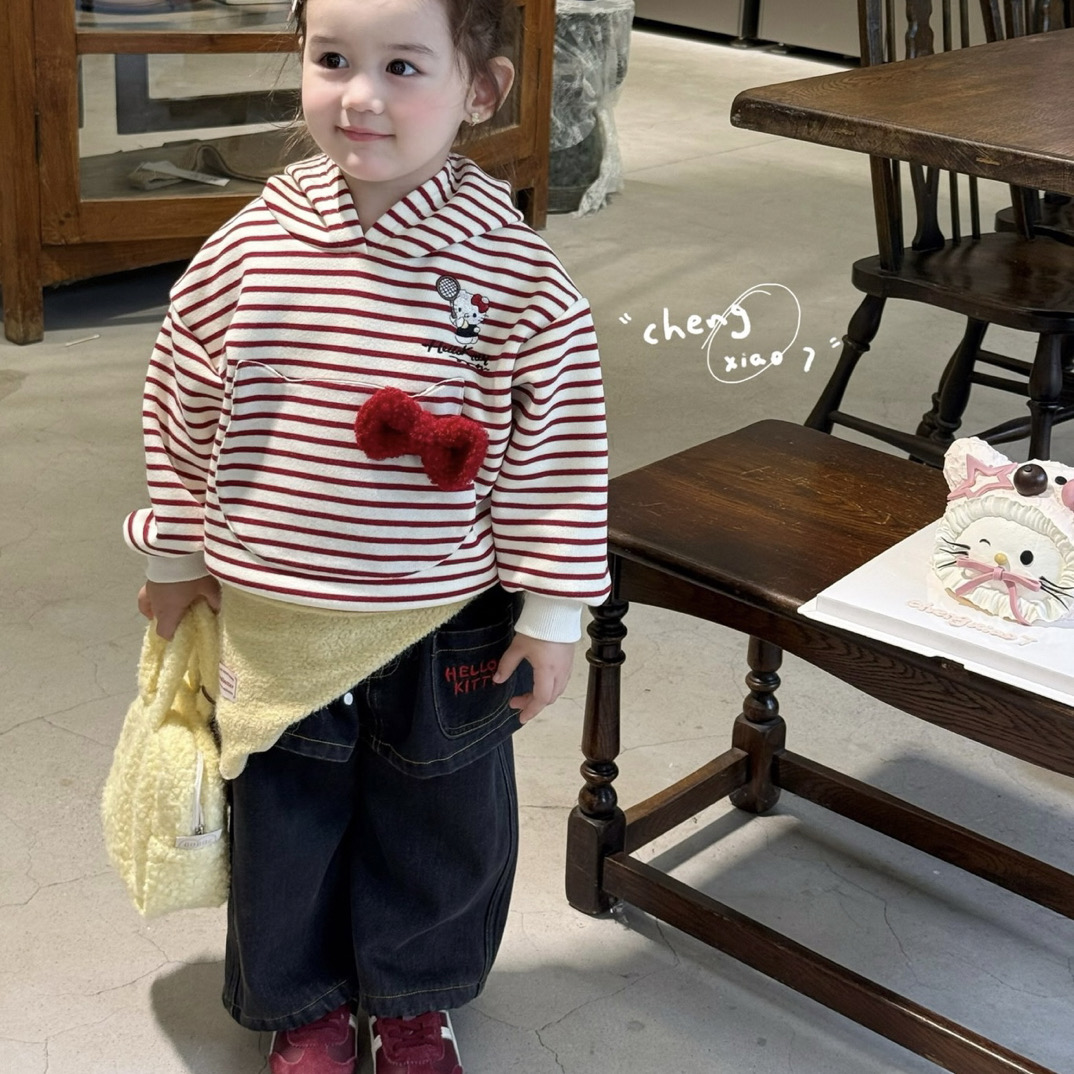 橙小七 25秋冬 女童条纹连帽加绒卫衣5296 屁帘加绒牛仔裤5255