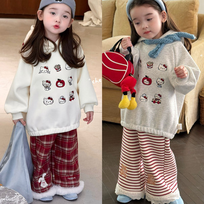 橙小七 25秋冬 女童卡通刺绣加绒卫衣5325  格子裤5270 套装