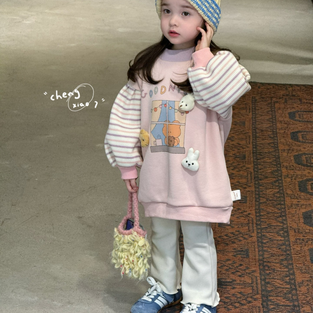 橙小七 25秋冬 女童立体小熊加绒长款卫衣5297 加绒裤5288