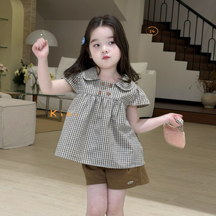 咖色短裤 812076 812091 kiai女童格子翻领娃娃衫 26夏