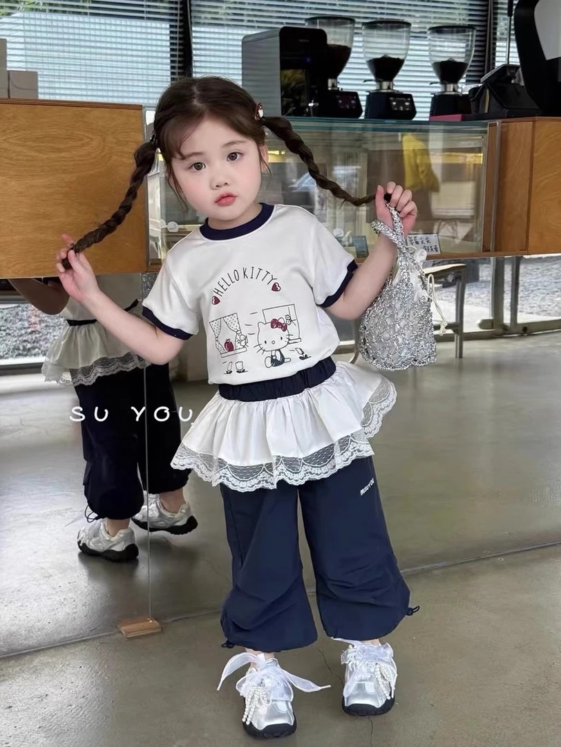 苏右2168女童卡通印花T恤KT短袖夏新款女宝宝屁帘工装裤2160