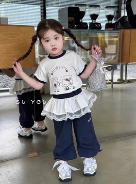 苏右2168女童卡通印花T恤KT短袖夏新款女宝宝屁帘工装裤2160
