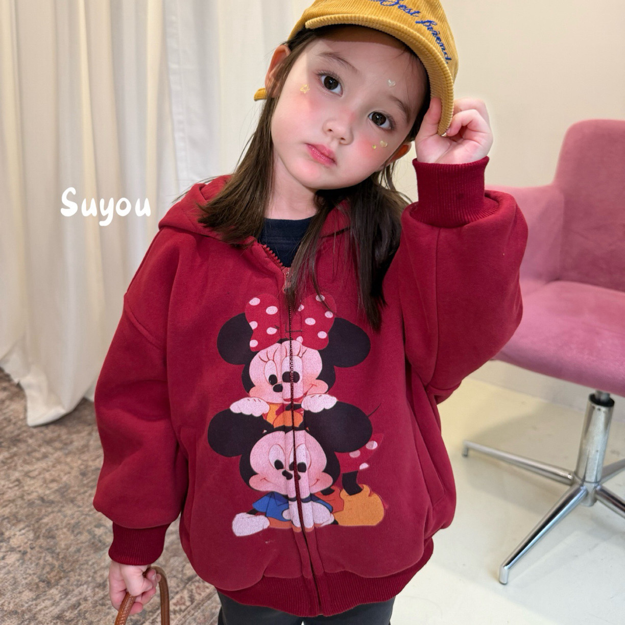 苏右 26冬~女童红色米奇卡通加绒连帽卫衣565125