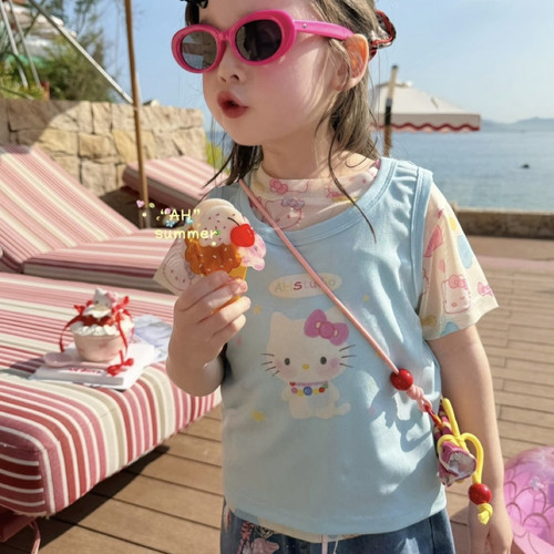 26夏AH 女童蓝色kt背心短袖两件套77279 kt牛仔九分裤77153