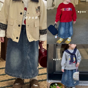 Opao女童牛仔半身裙2025秋季 韓版 中長(zhǎng)款 半裙洋氣百搭9090 新款