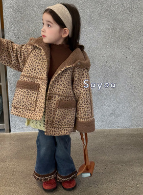苏右 25冬 女童豹纹毛毛连帽外套65057 加绒牛仔裤65169