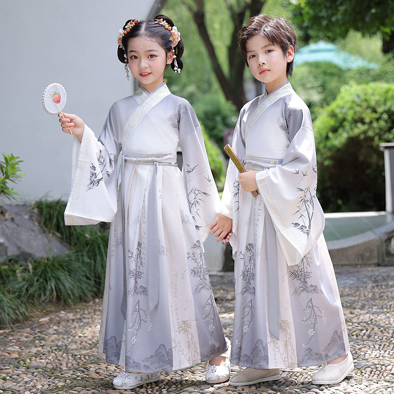 儿童墨竹汉服春夏国学服古装书童国风泼墨山水男童女孩六一演出服