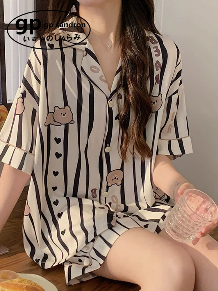 日本小众gp卡通条纹睡衣女夏季冰丝短袖短裤开衫家居服小个子套装