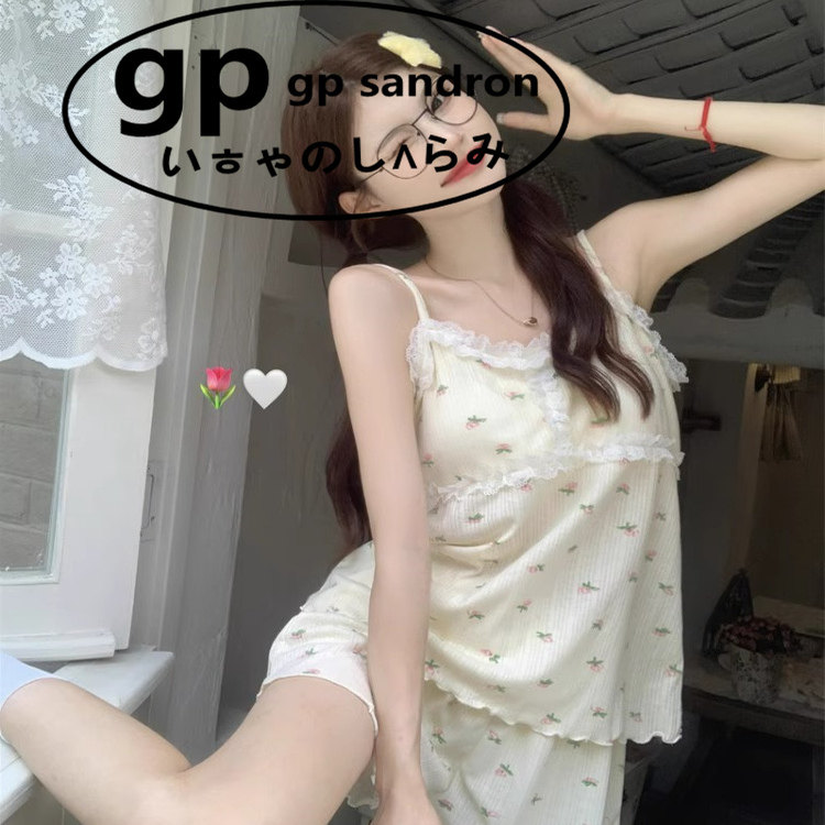 日本gp小熊碎花吊带蕾丝睡衣女