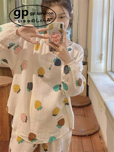 日本小众gp睡衣女款纯棉春秋季长袖圆领软绵绵纱布宽松家居服套装