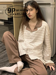 日本小众gp条纹睡衣女春秋季纯棉长袖大码休闲韩版简约家居服套装