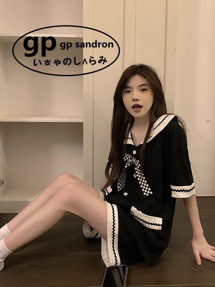 日本gp睡衣女生娃娃领蝴蝶结口袋