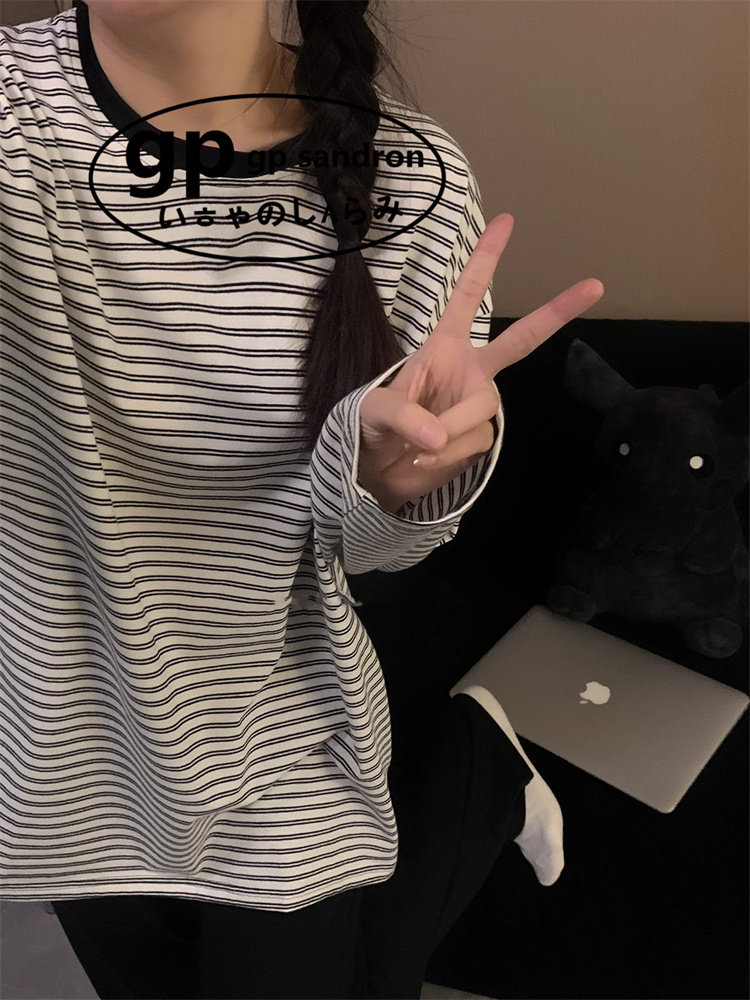 日本gp睡衣女生纯棉长袖条纹休闲