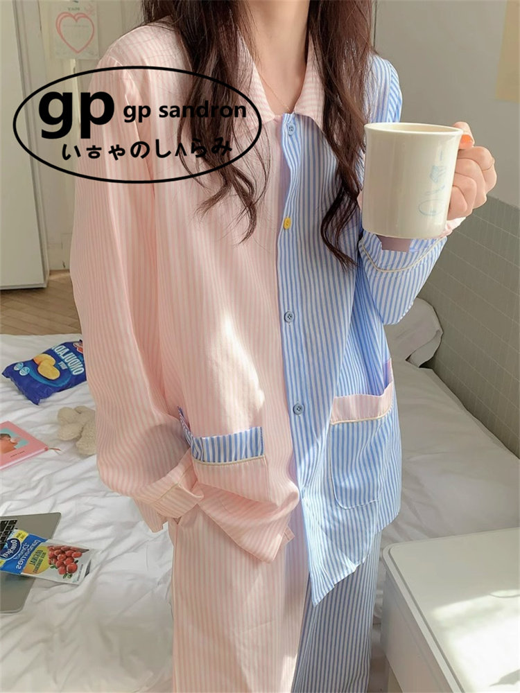 日本gp条纹拼接睡衣女开衫家居服