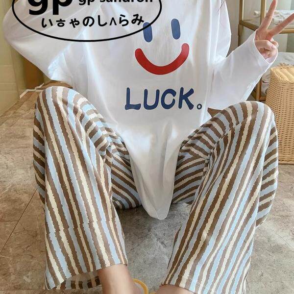 日本gp睡衣女长袖纯棉睡裤白色