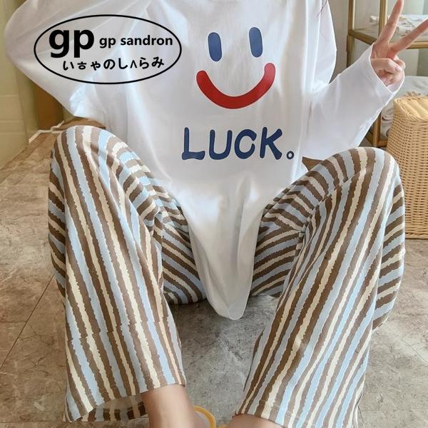 日本gp笑脸睡衣女纯棉条纹睡裤