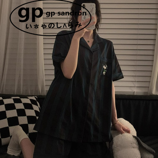 日本小众gp条纹史努比睡衣男女夏季短袖纯棉卡通开衫家居服情侣装