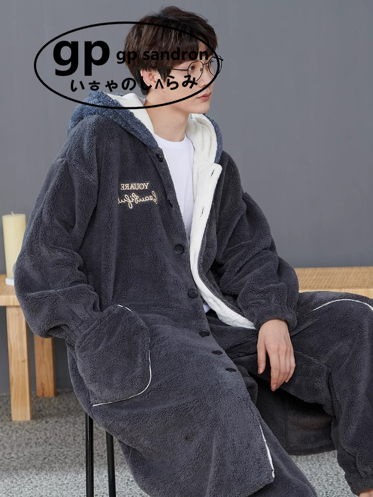 日本小众GP睡袍珊瑚绒男浴袍睡衣