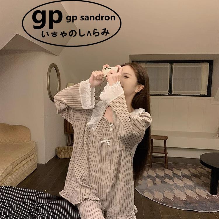 日本gp美拉德条纹睡衣女蕾丝长袖