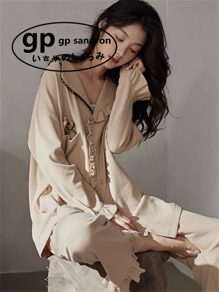日本gp睡衣女荷叶边全棉家居服