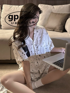 日本小众gp条纹睡衣女夏季冰丝短袖短裤高级简约泼墨点家居服套装