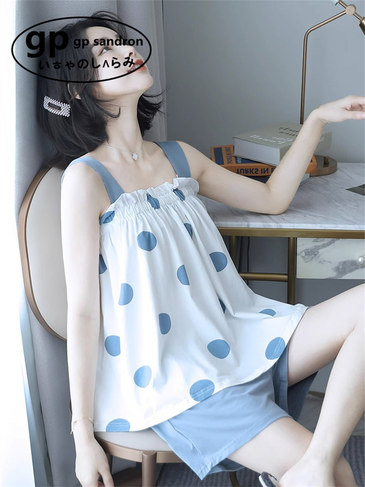 日本小众gp吊带睡衣女夏季圆点性感薄款纯棉背心带胸垫家居服套装