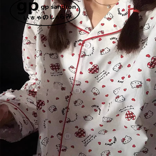 日本小众gp凯蒂猫睡衣女春秋季纯棉口袋日系长袖软妹可爱学生家居